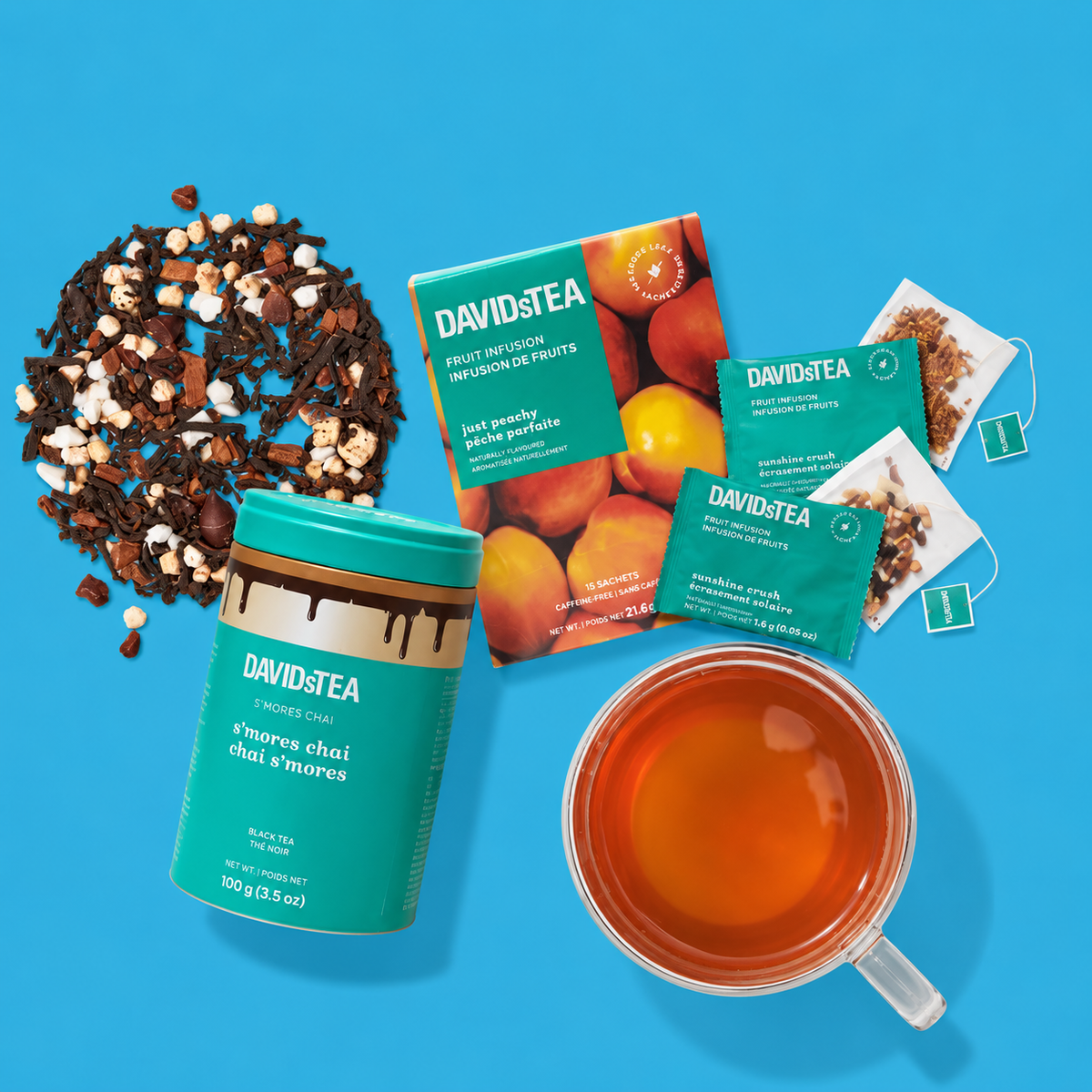 DAVIDsTEA tea sachet boxes, tea tin and cup of tea