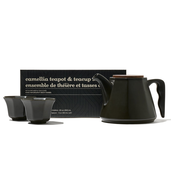 Black Camellia Ceramic Teapot & Teacup Set