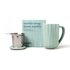Green Nordic Mug with lid, stainless steel infuser and matching gift box.