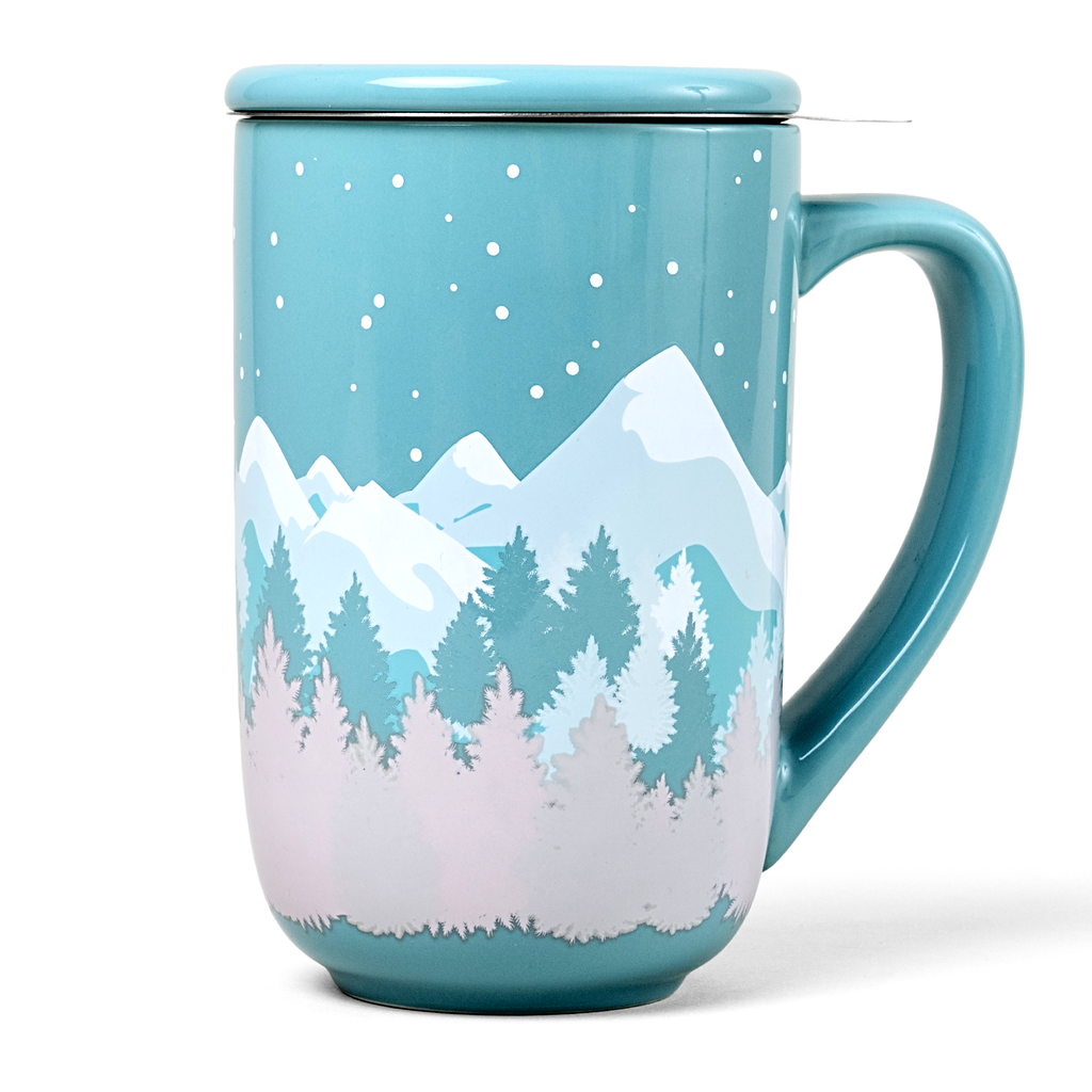 Blue Nordic mug with a snowy mountain design