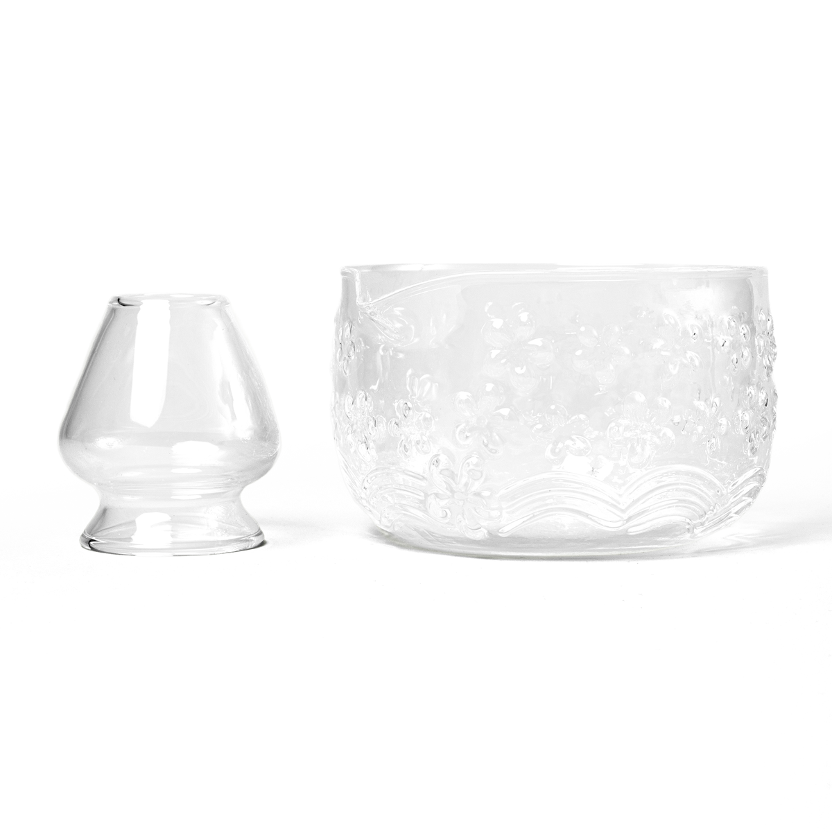 Clear glass matcha bowl and whisk holder
