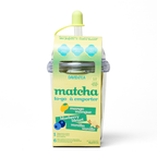 Front view of the Matcha To Go tumbler and single serves package