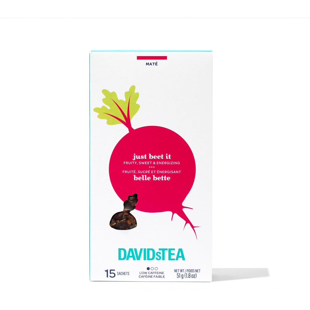 Just Beet It Tea Pack of 15 Sachets Mate/Guayusa/Yaupon front view