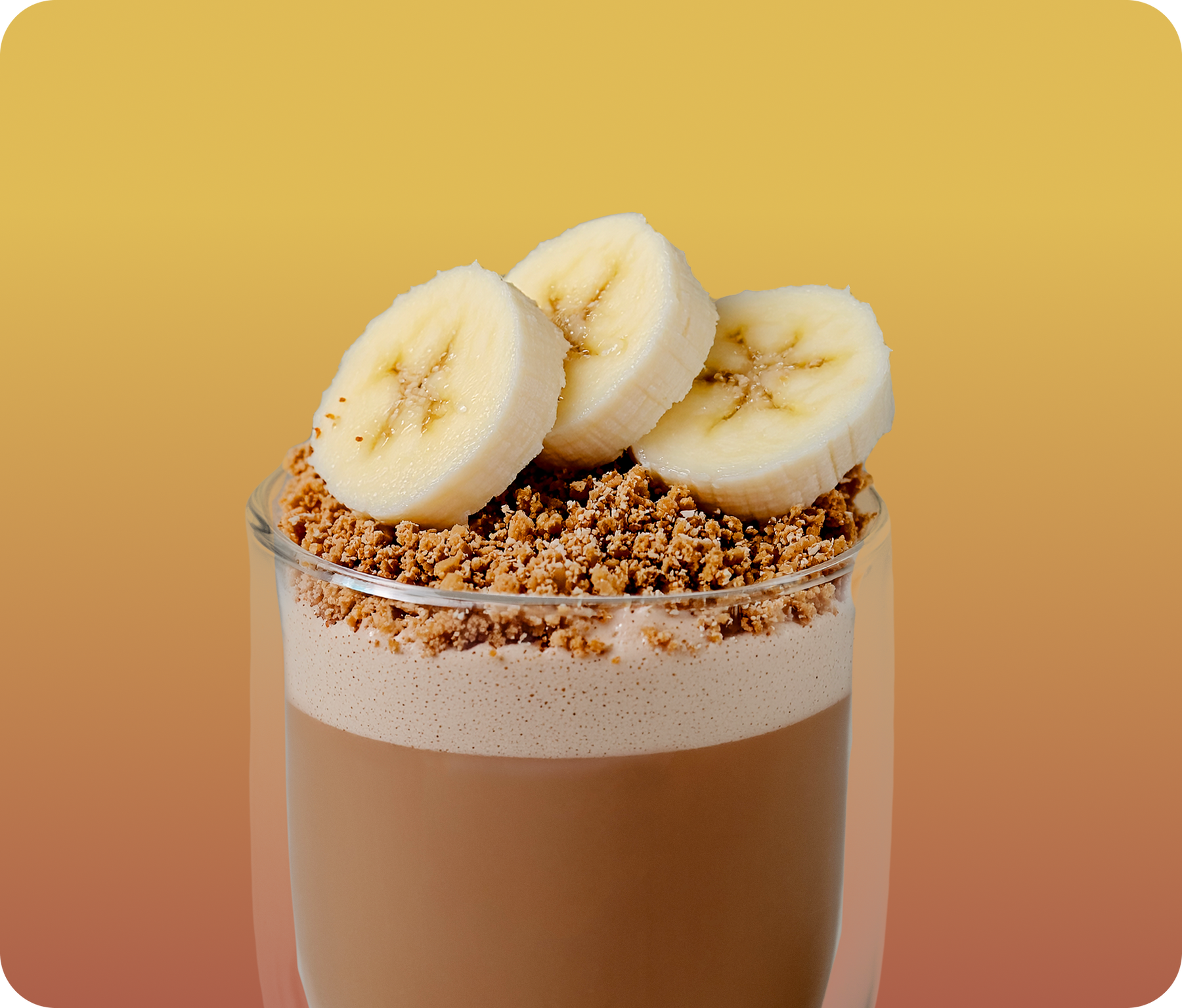 banana bread hojicha  latte with crumble and banana on top