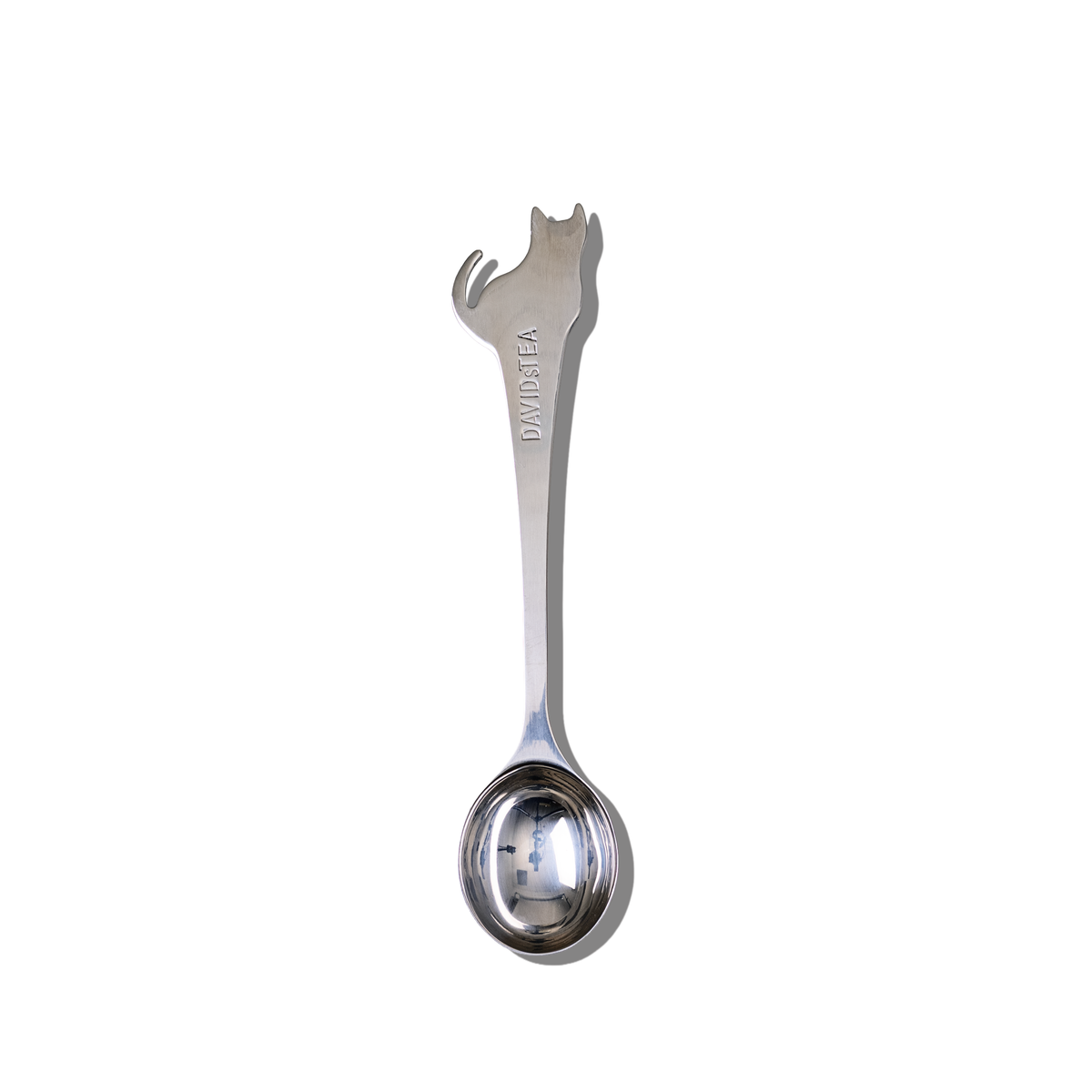 Stainless steel tea spoon with a cat-shaped handle.