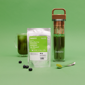 matcha to go bundle - blueberry matcha + brown matcha maker with a glass and spoon