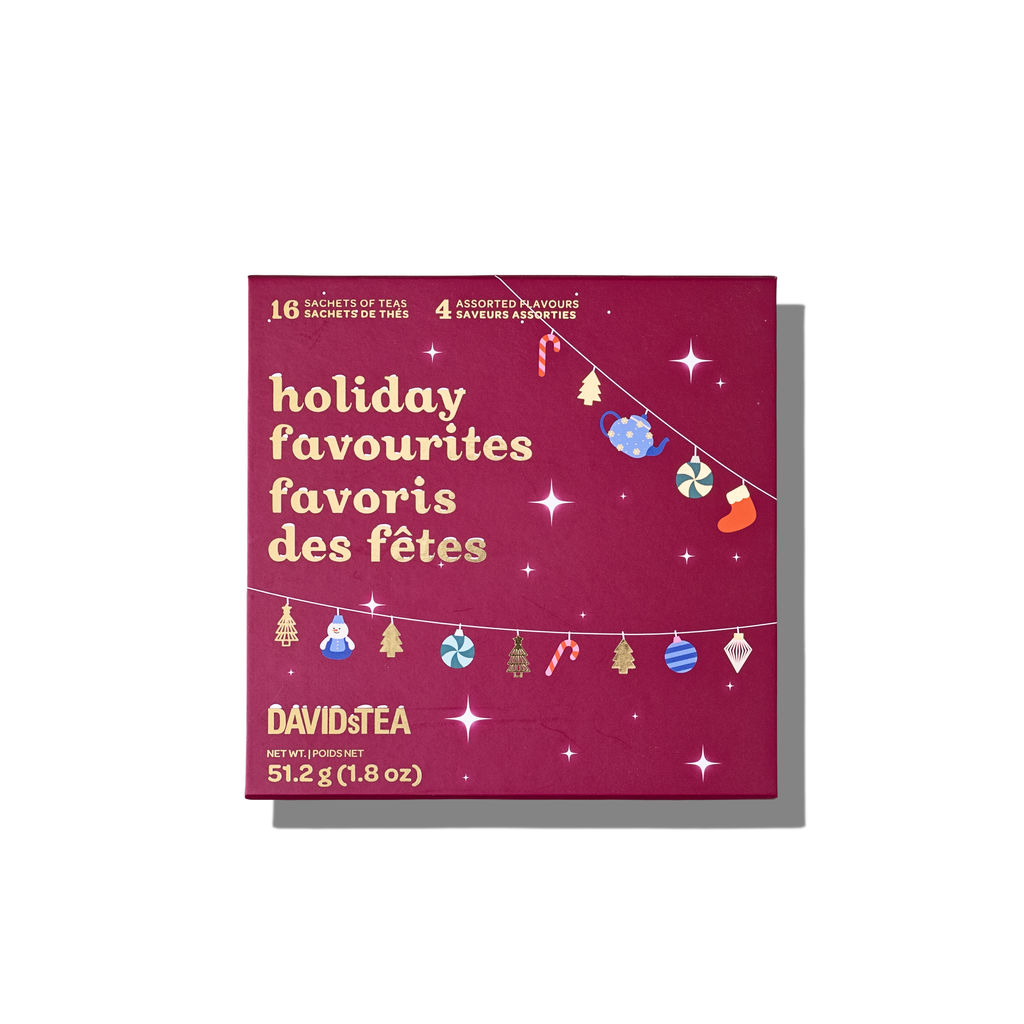 Holiday Favourites mini tea sachet chest in festive red packaging.