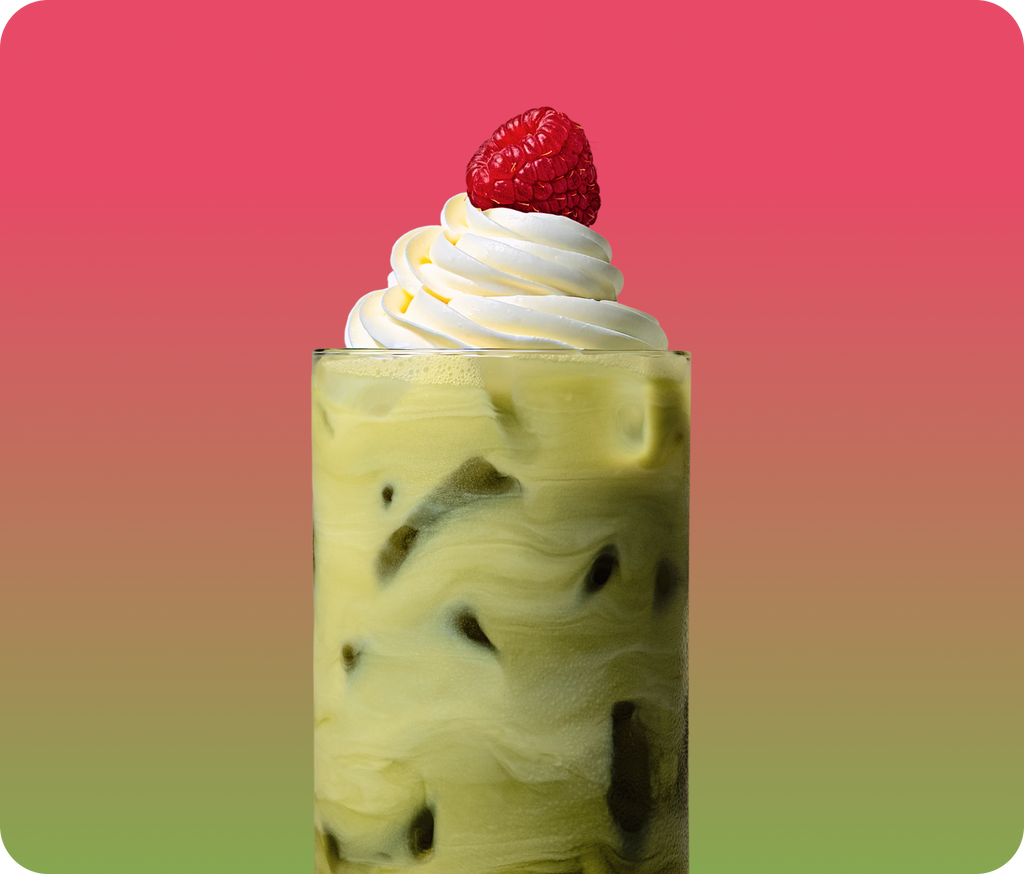 raspberry matcha latte with whip cream 