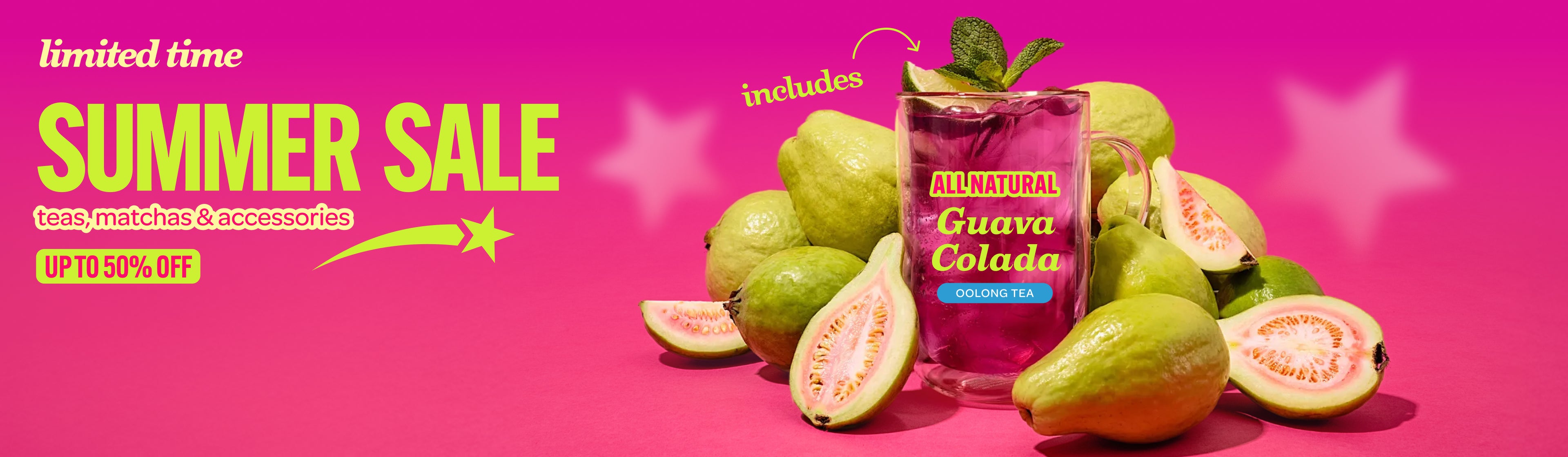 Summer Sale banner featuring Guava Colada tea. Save up to 50% on teas, matchas and accessories.