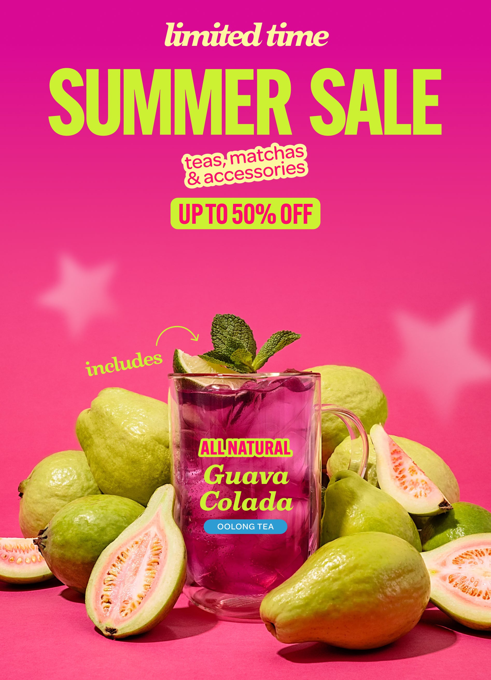 Summer Sale banner featuring Guava Colada tea. Save up to 50% on teas, matchas and accessories.