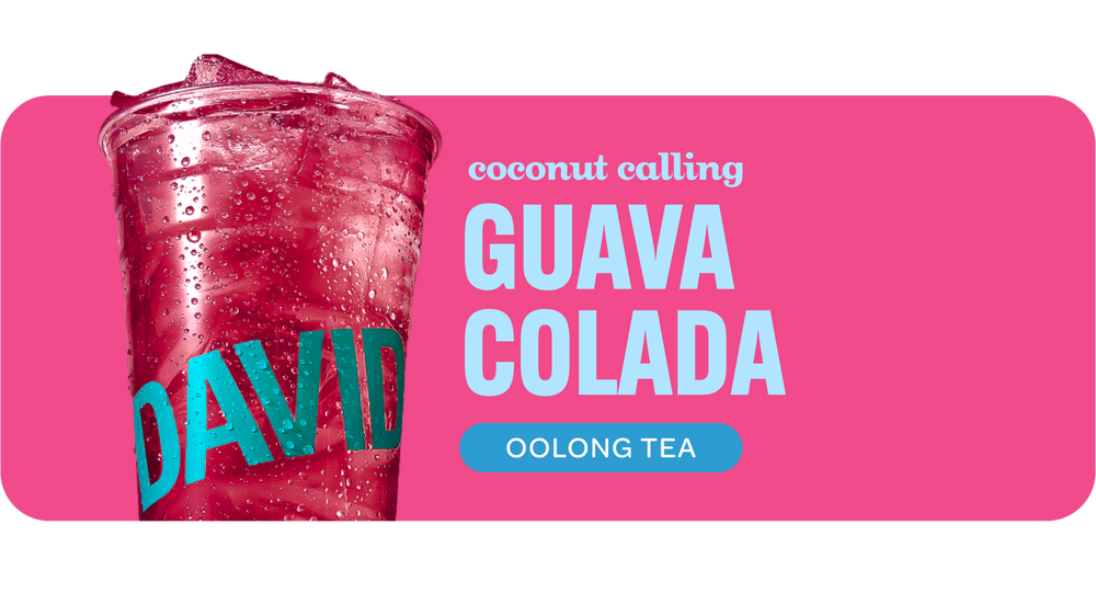 Cup of pink iced tea coconut guava colada.