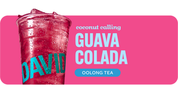 Cup of berry-red iced tea guava colada coconut teas.