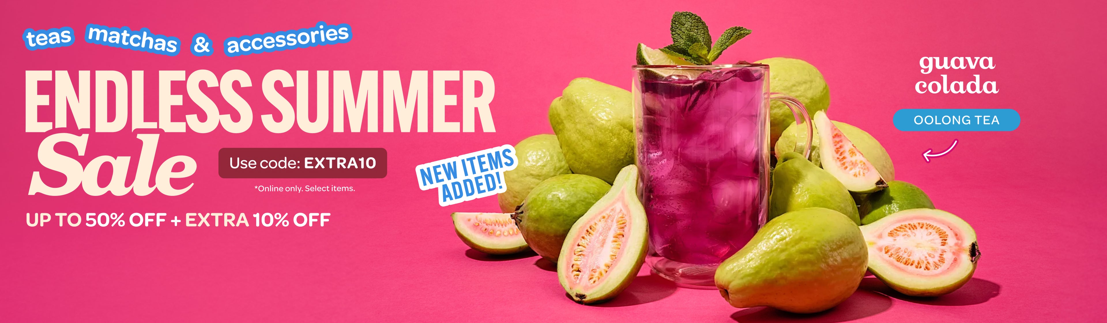 Summer Sale banner featuring Guava Colada tea. Save up to 50% on teas, matchas and accessories.