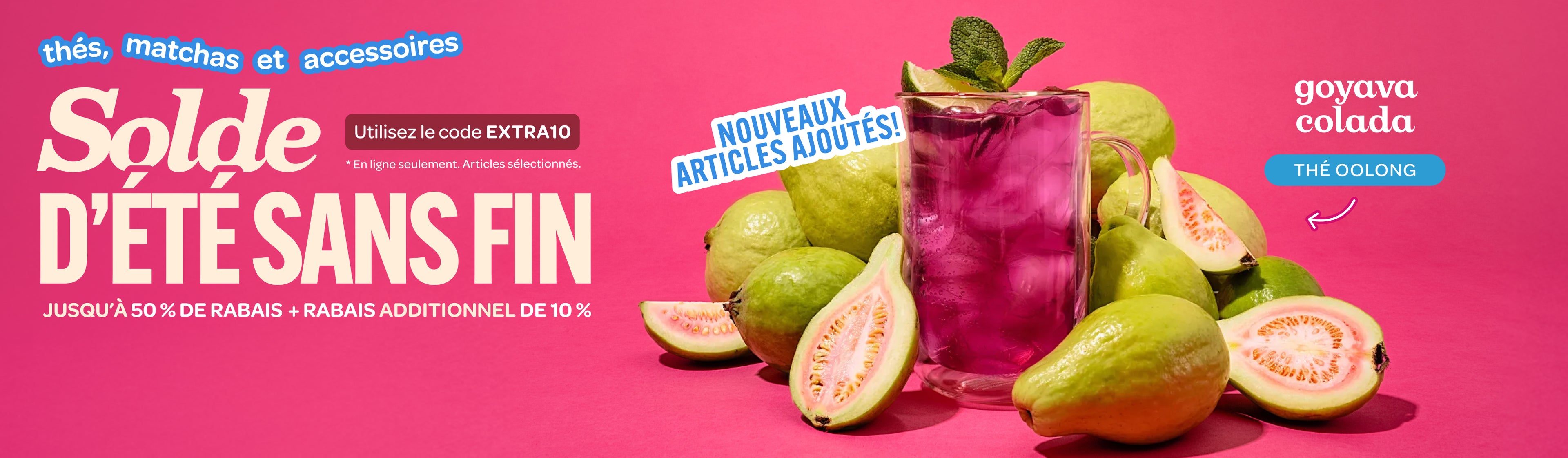 Summer Sale banner featuring Guava Colada tea. Save up to 50% on teas, matchas and accessories.