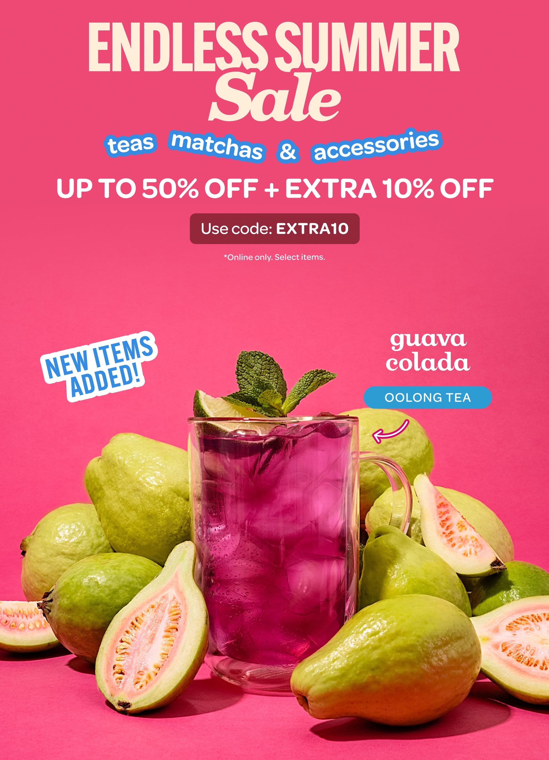 Summer Sale banner featuring Guava Colada tea. Save up to 50% on teas, matchas and accessories.