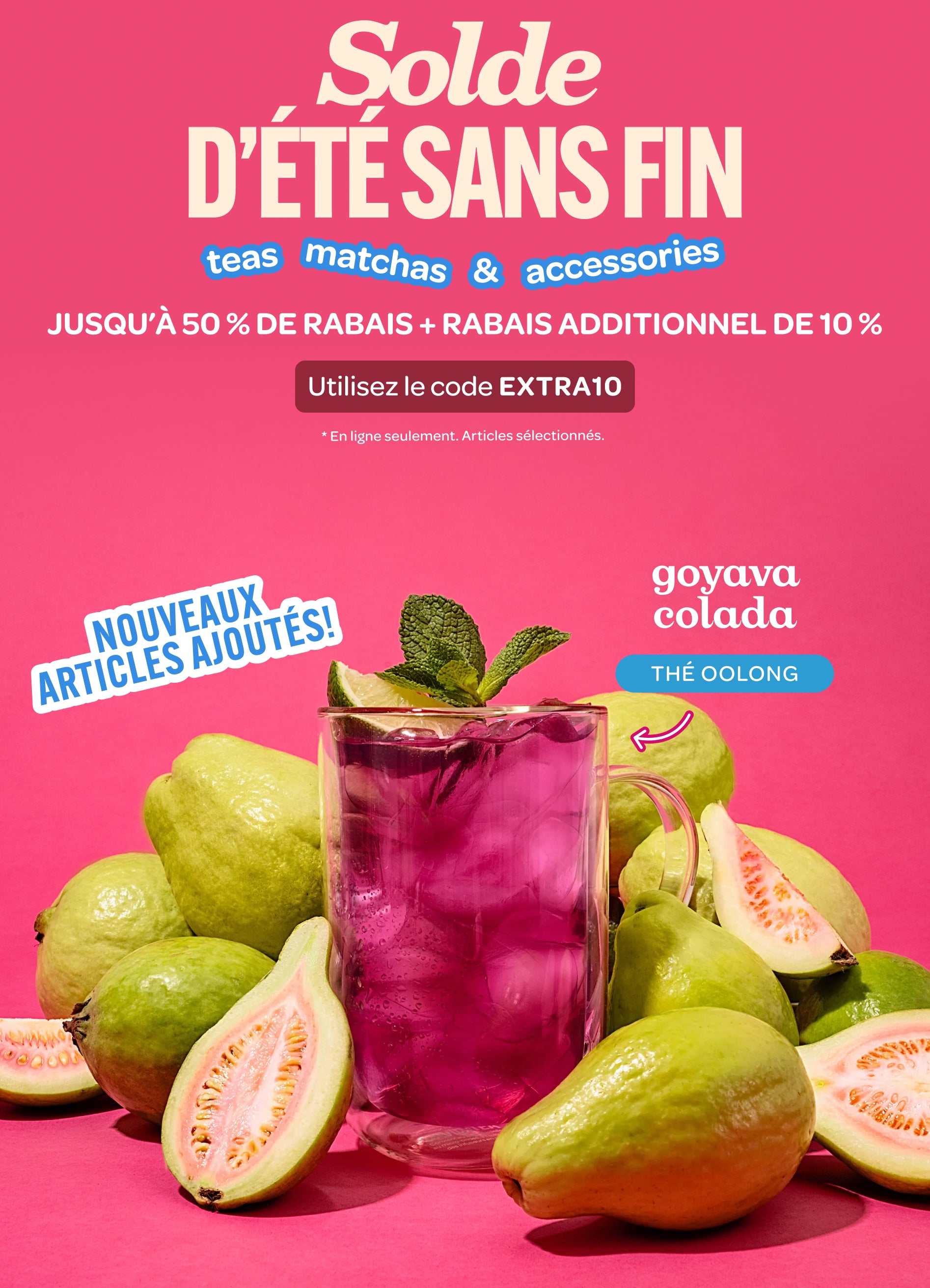 Summer Sale banner featuring Guava Colada tea. Save up to 50% on teas, matchas and accessories.