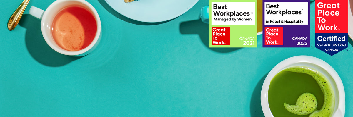 Tea and colourful labels on a turquoise background