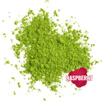 organic green matcha powder raspberry flavored on a white background