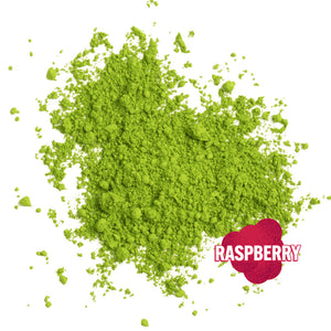 organic green matcha powder raspberry flavored on a white background