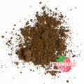Dark brown strawberry hojicha powder on white background