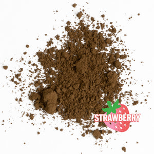 Dark brown strawberry hojicha powder on white background